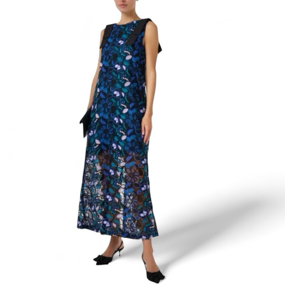 Abbey Glass Blue Black‎ Floral Guipure Lace Bow Shoulder Maxi Dress 1067L Small